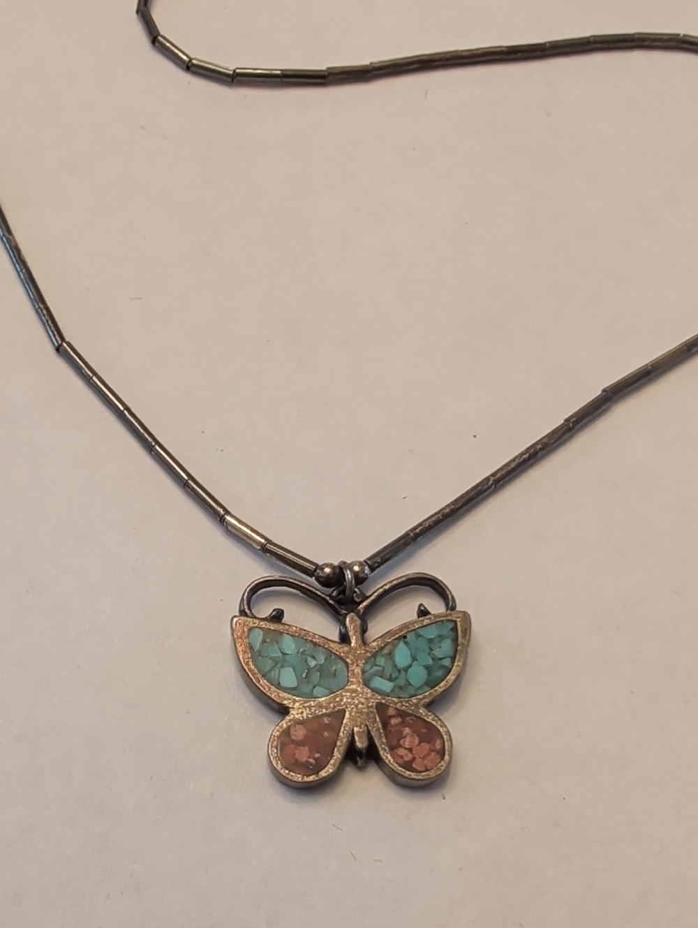 Sterling Butterfly Pendant Necklace with Turquoise and Coral Inlay